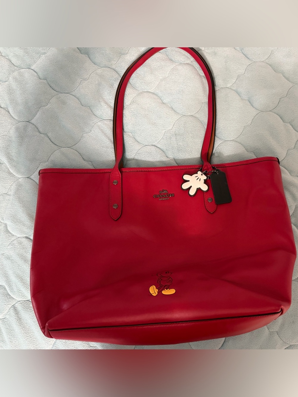 Coach Red Leather Tote with Mickey Charm